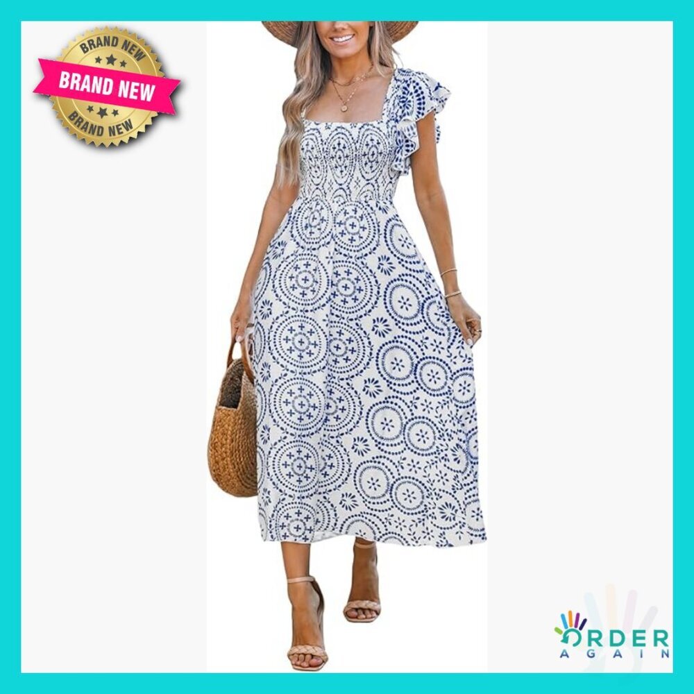 Boho Midi Dress Flutter Sleeve Smocked Square Neck Paisley Summer Casual